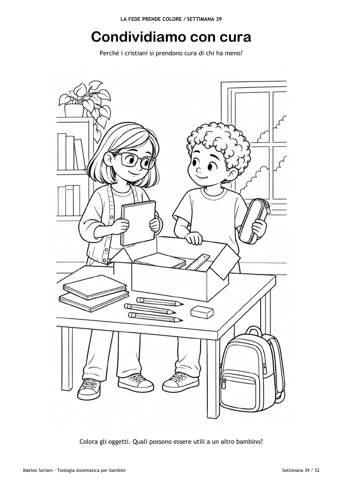 Tavola del bonus: due bambini condividono libri e matite